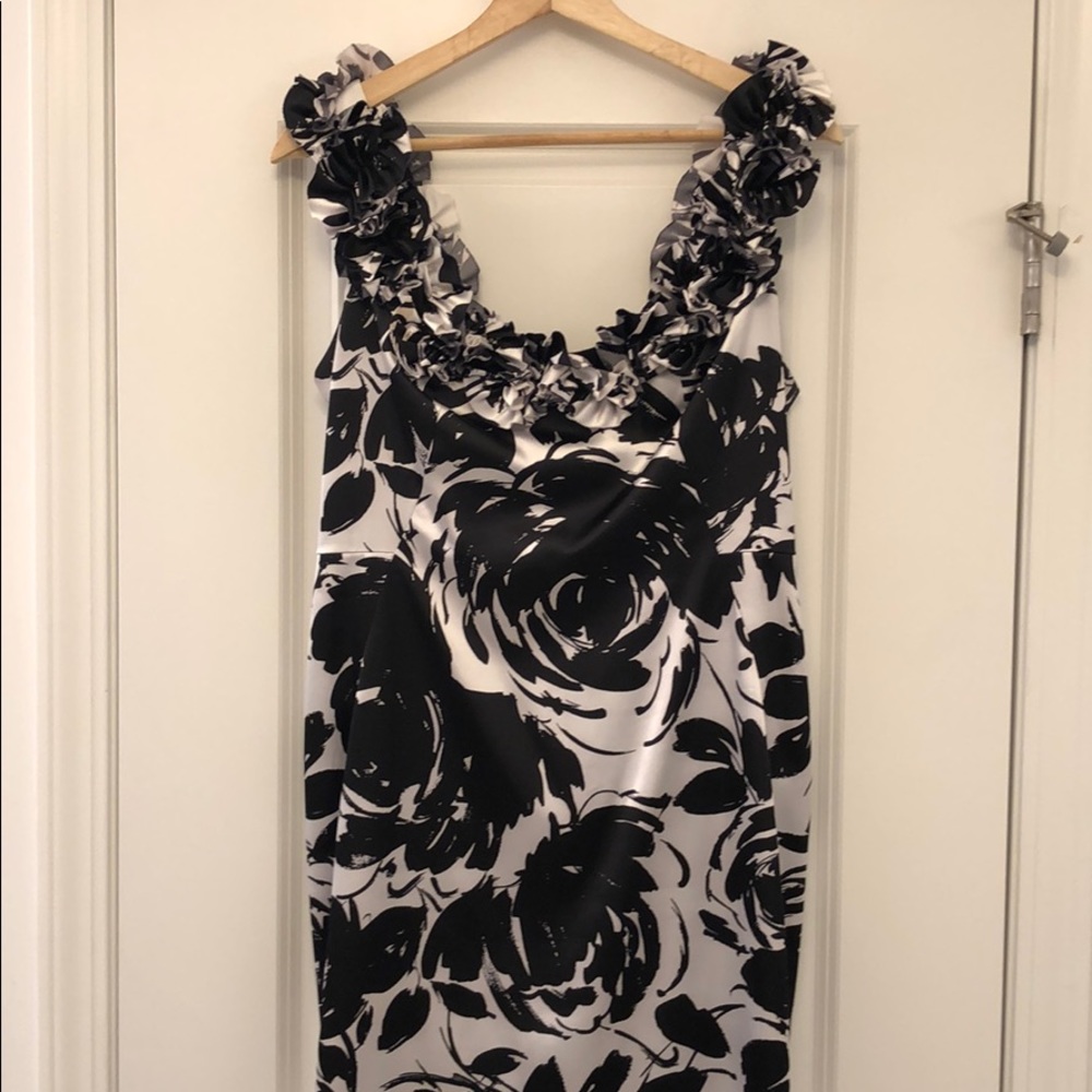 Black and white sheen floral cocktail dress